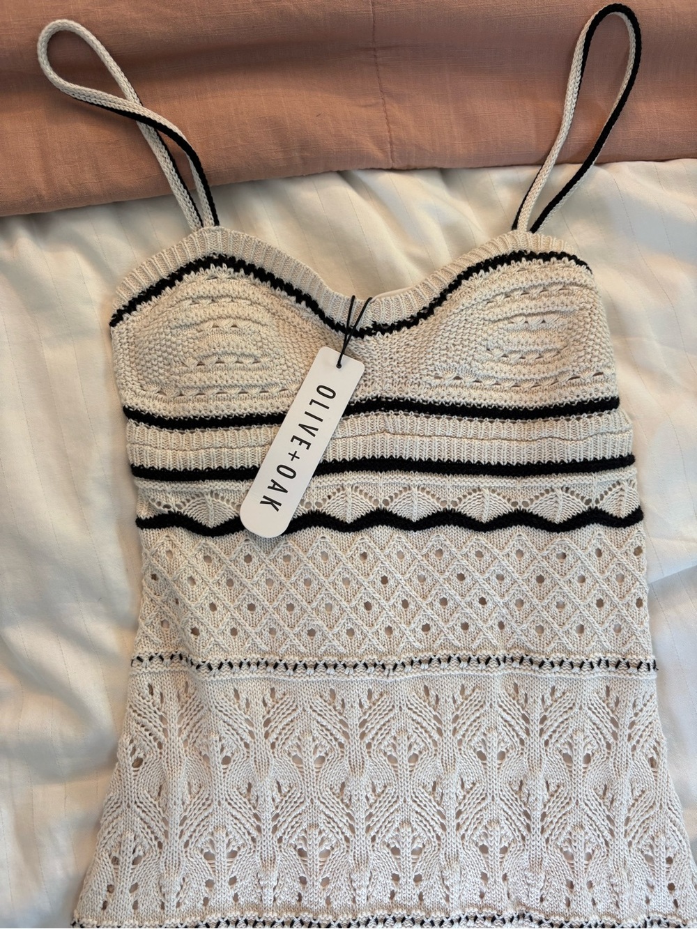 Olive & Oak Cream Knit Lace-Patterned Midi dress with Black Trim
